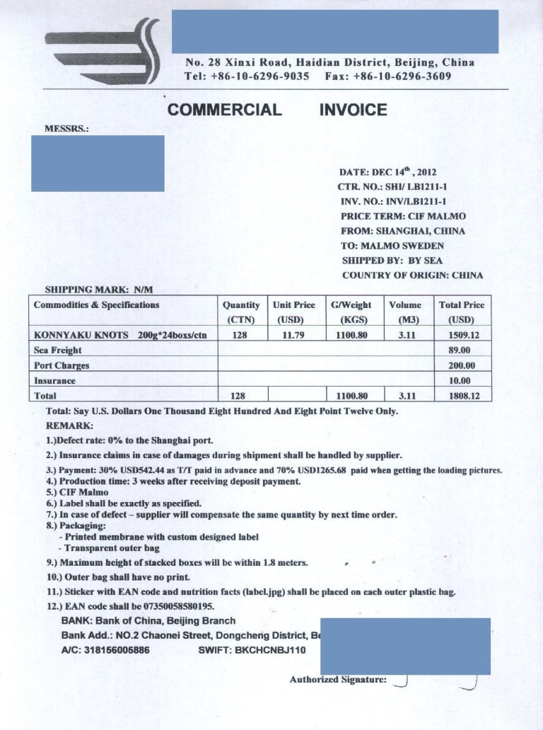commercial invoice sample